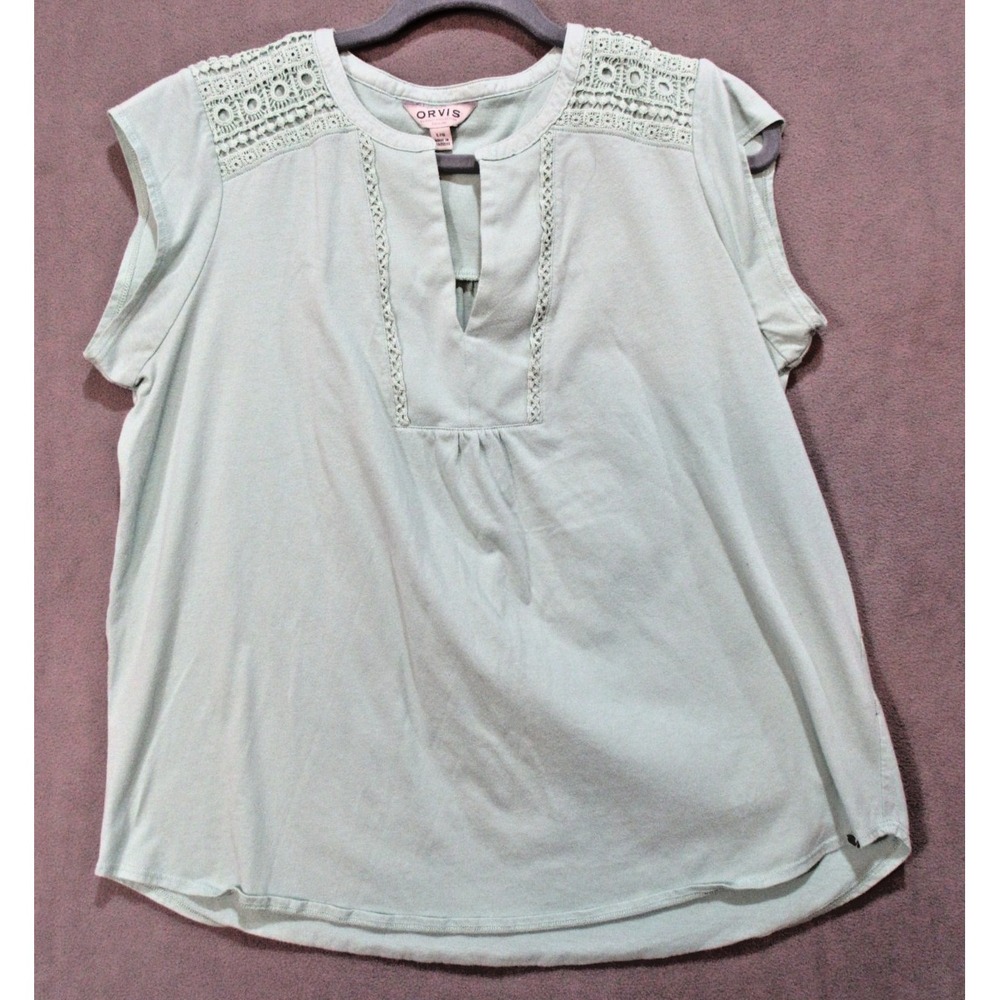 Orvis Mint Green Crochet Lace Split Neck Sleeveless Blouse Top Large 1309385